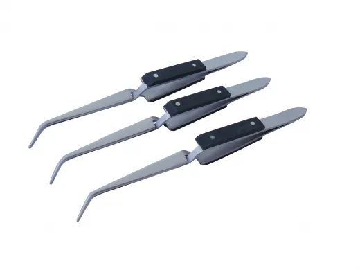 3x Lötpinzette Klemmpinzette Kreuzpinzette, gebogen, gerieft