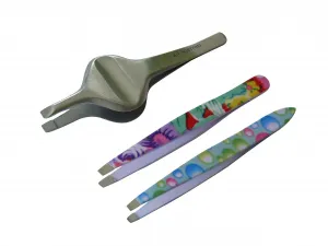 3er Set Augenbrauenpinzette Cilienpinzetten flach, bunt + Edelstahl